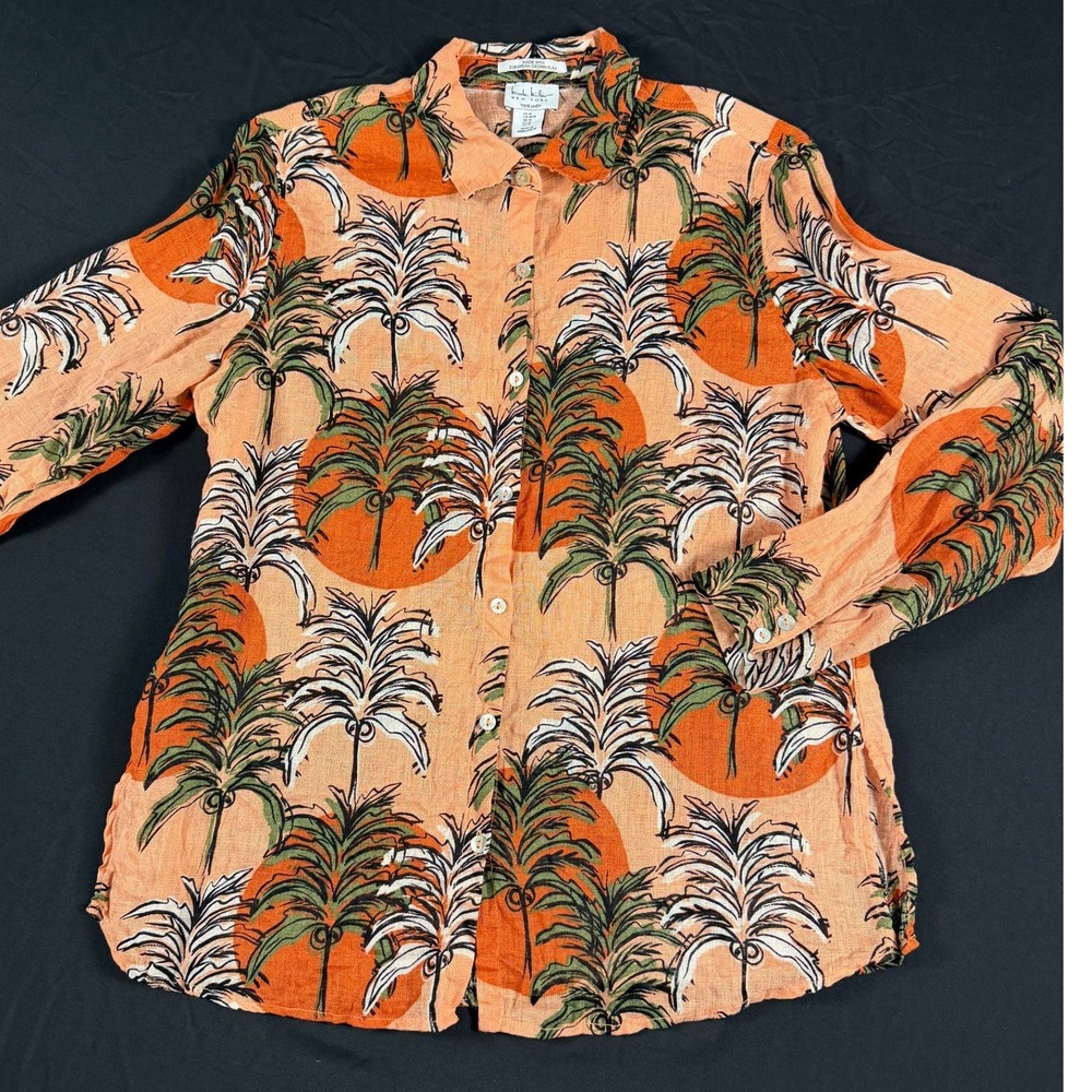 Nicole Miller New York Linen Tropical Palm Tree Print Button Down Shirt Orange M